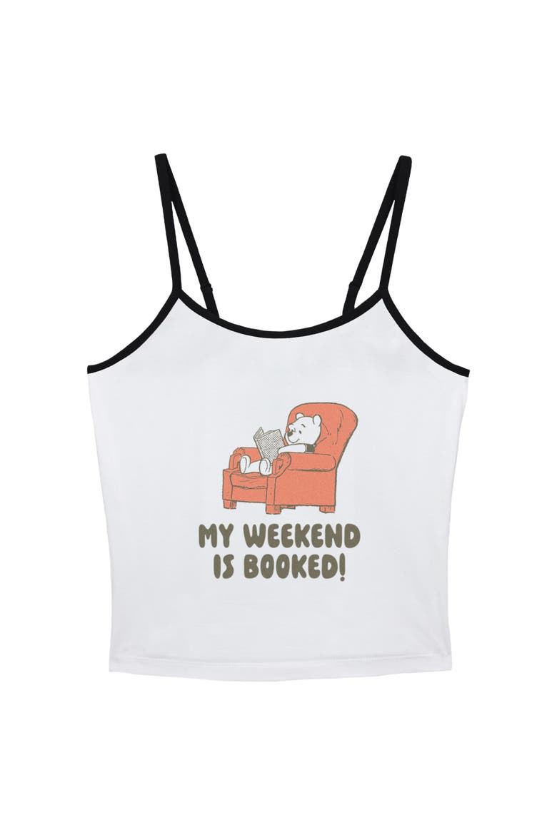 Junior's My Weekend Is Booked Tank Top, Main, color, White