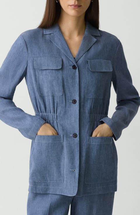 Denim Pattern Cinched Waist Linen Blend Jacket
