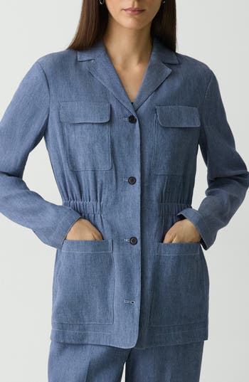 Theory Denim Pattern Cinched Waist Linen Blend Jacket