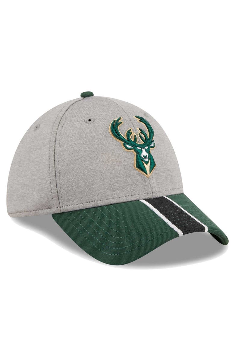 New Era Men's New Era Gray/Hunter Green Milwaukee Bucks Striped 39THIRTY Flex Hat, Alternate, color, 