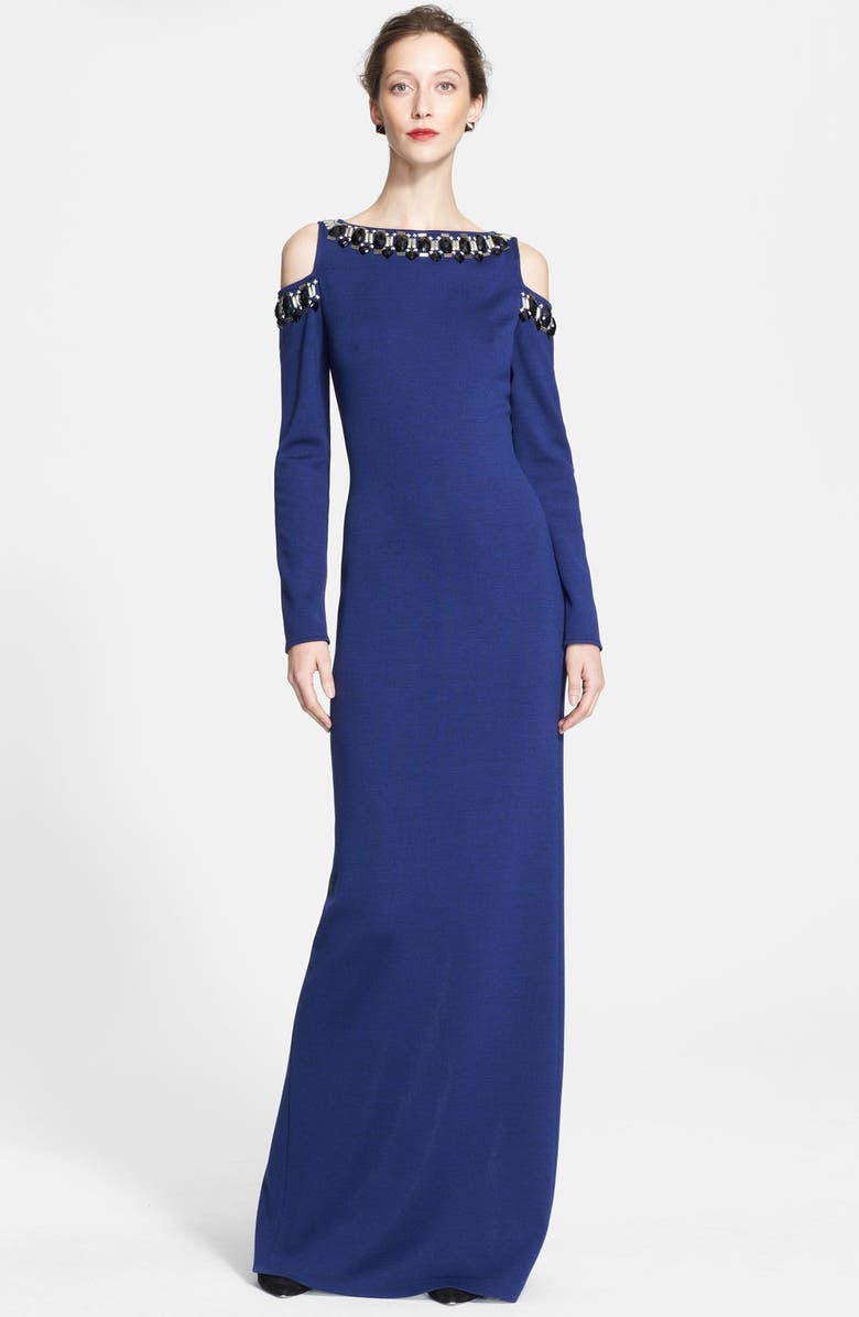 St. John Collection Hand Beaded Milano Knit Cold Shoulder Gown, Main, color,