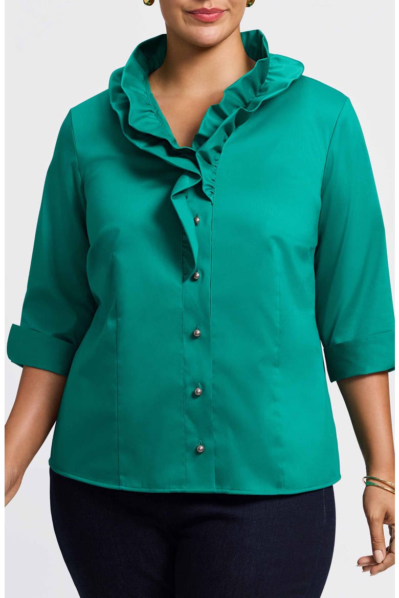 Edith Ruffle Button-Up Shirt, Main, color, EMERALD