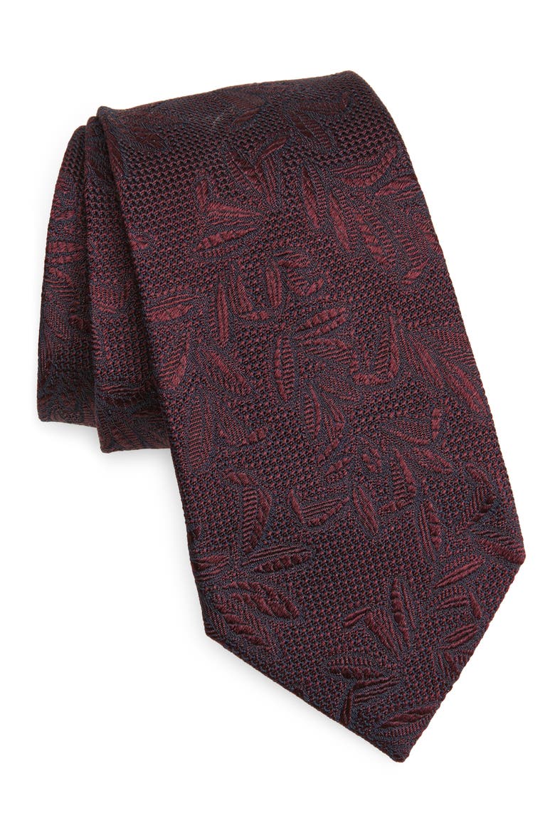 Leaf Silk Jacquard Tie, Main, color, BURGUNDY