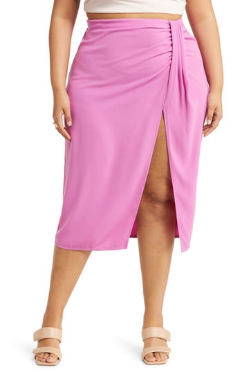 Open Edit Faux Wrap Midi Skirt In Pink Rosebud