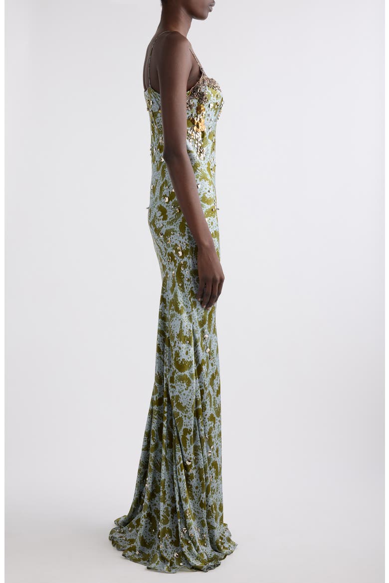 Deryl Orchid Petal Print Embellished Silk Column Gown, Alternate, color, KHAKI