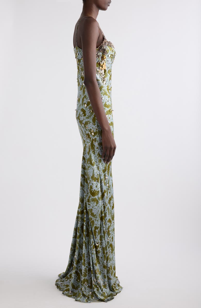 Deryl Orchid Petal Print Embellished Silk Column Gown