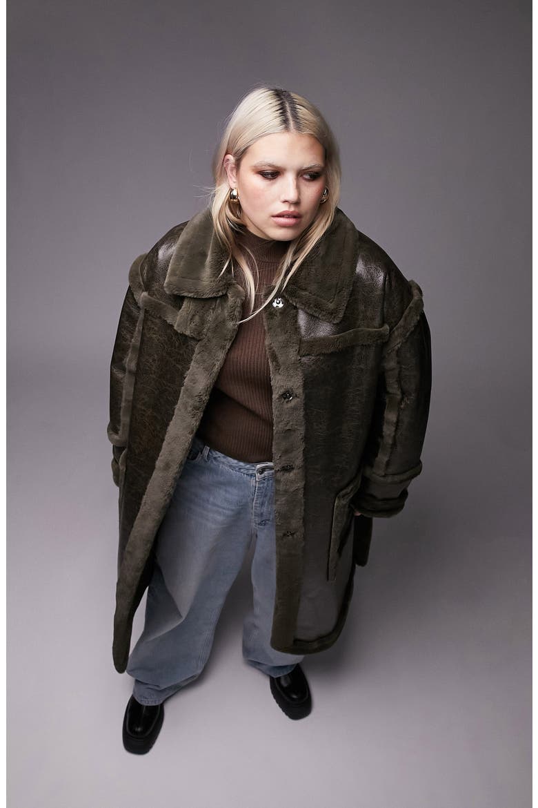 Curve Faux Fur Trim Longline Aviator Coat, Alternate, color, DARK GREEN