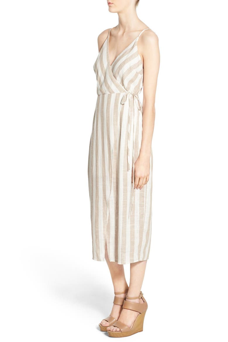 ASTR Linen Blend Wrap Dress, Alternate, color, WHITE-TAN