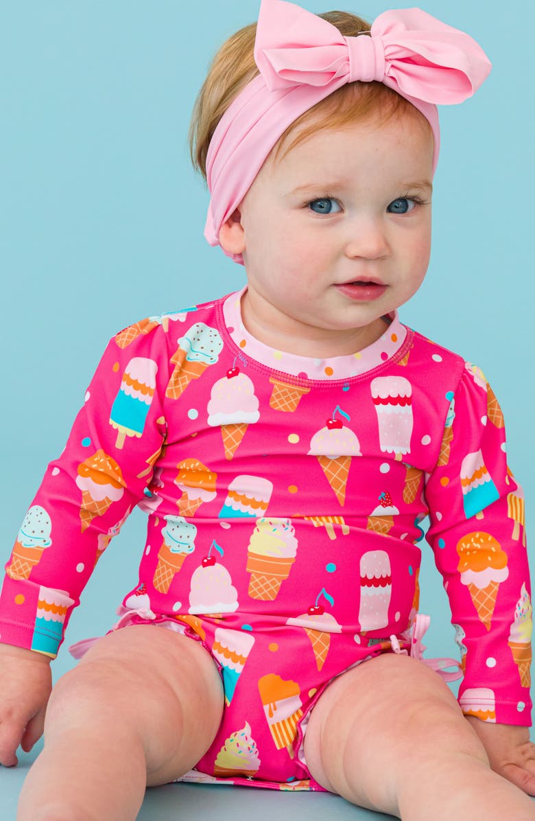 RuffleButts Sweet Scoops Long Sleeve One-Piece Rashguard & Hat Set, Alternate, color, Pink