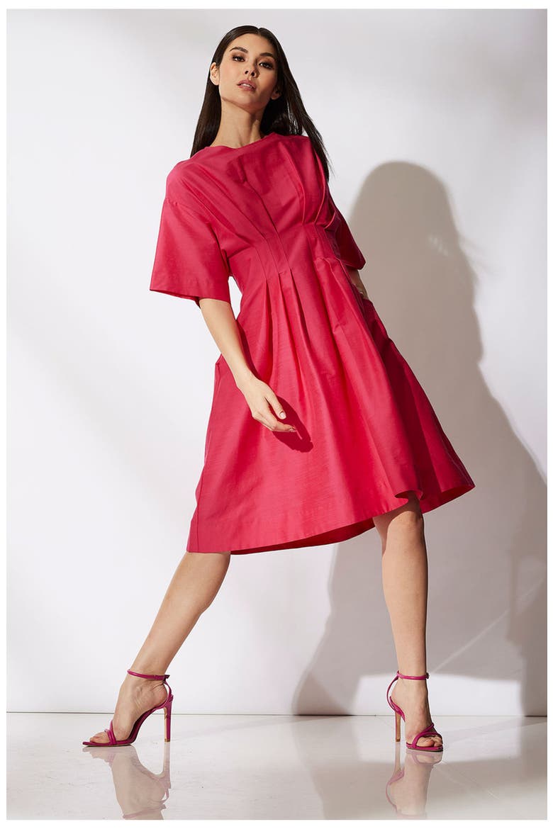 Cotton Silk Slub Pleated Dress w/ Embroidery, Alternate, color, PINK