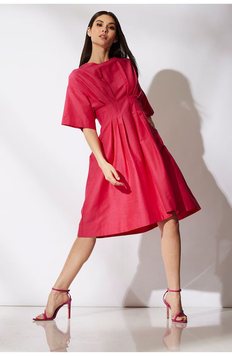 Natori Cotton Silk Slub Pleated Dress w/ Embroidery, Alternate, color, Pink