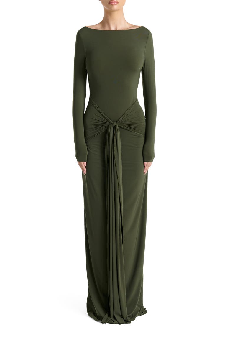 Tie Waist Long Sleeve Maxi Dress, Main, color, DARK OLIVE
