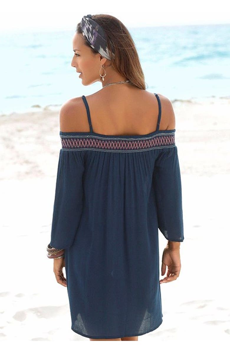 LASCANA Women's Embroidered Cold Shoulder Dress, Alternate, color, Navy
