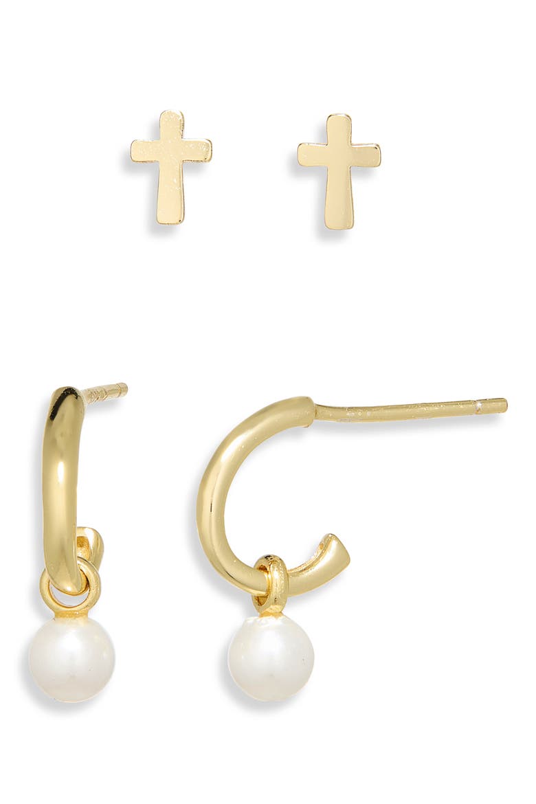 Cross Stud & Huggie Hoop Earrings Set, Main, color, GOLD