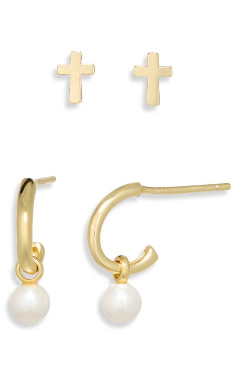 Cross Stud & Huggie Hoop Earrings Set