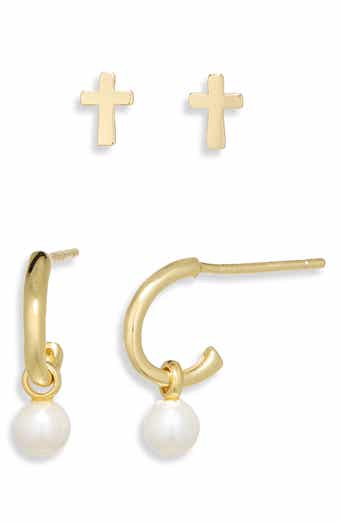 Cross Stud & Huggie Hoop Earrings Set