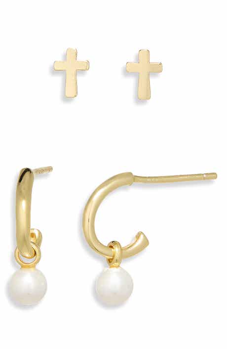 Cross Stud & Huggie Hoop Earrings Set