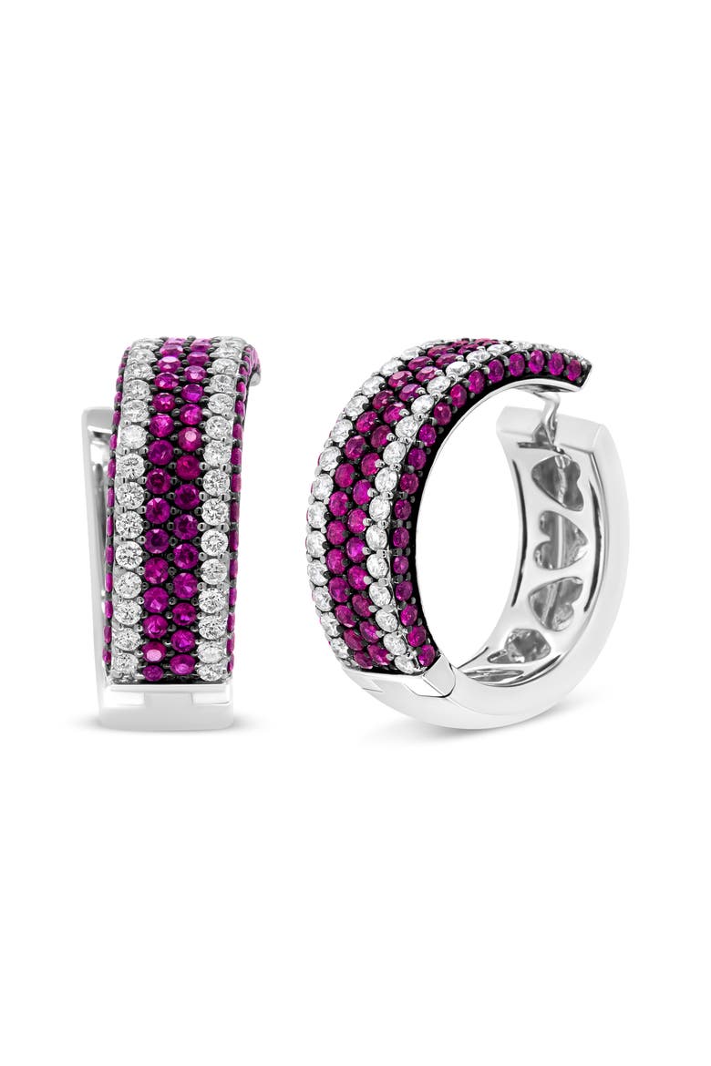 18K White Gold 1 7/8 Cttw Diamond and 1mm Round Red Ruby Open Swish Hoop Earrings, Alternate, color, White