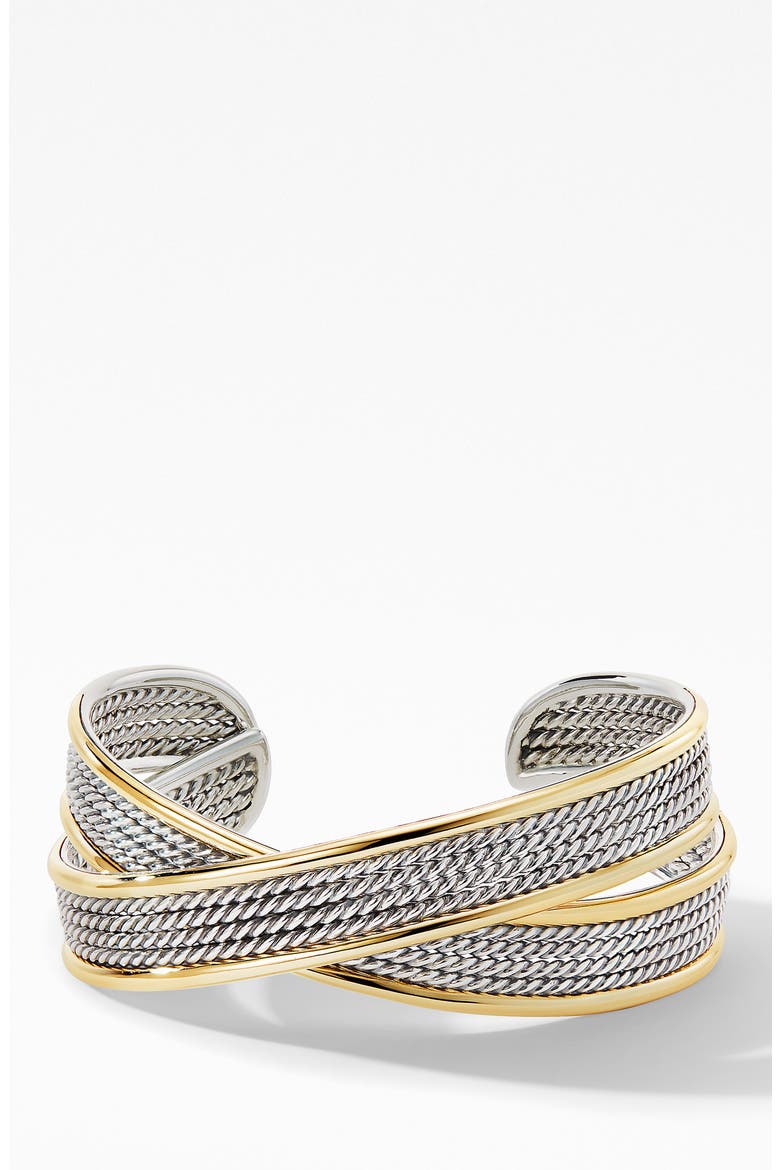 Origami Narrow Crossover Cuff Bracelet with 18K Yellow Gold, Main, color, SILVER/ YELLOW GOLD