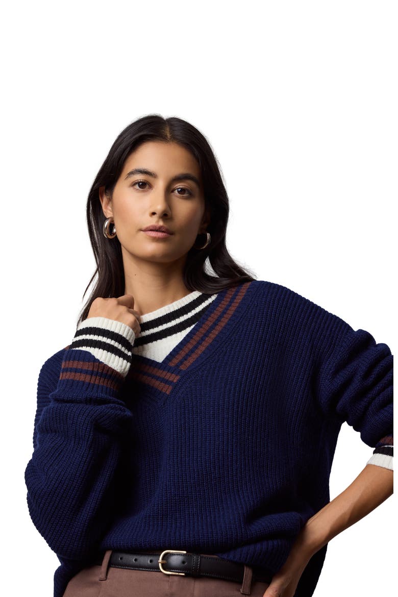 Deep V-neck Varsity Pullover Sweater, Alternate, color, NOIR NAVY/CHESTNUT