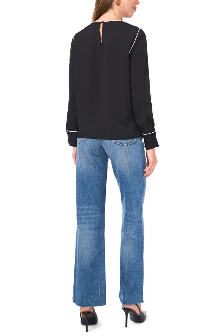 Piped Long Sleeve CrÃªpe de Chine Top, Alternate, color, RICH BLACK