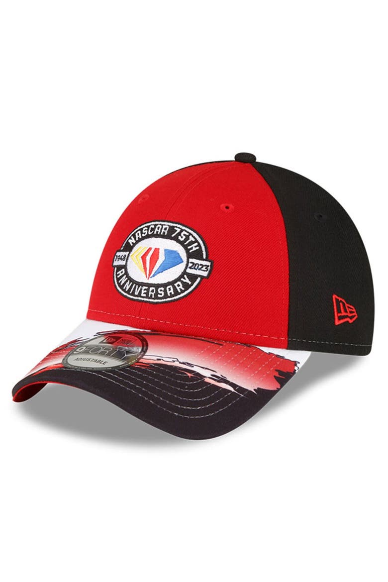 Men's New Era Red/Black NASCAR 75th Aniversary 9FORTY Visor Streak Snapback Adjustable Hat, Main, color, Red