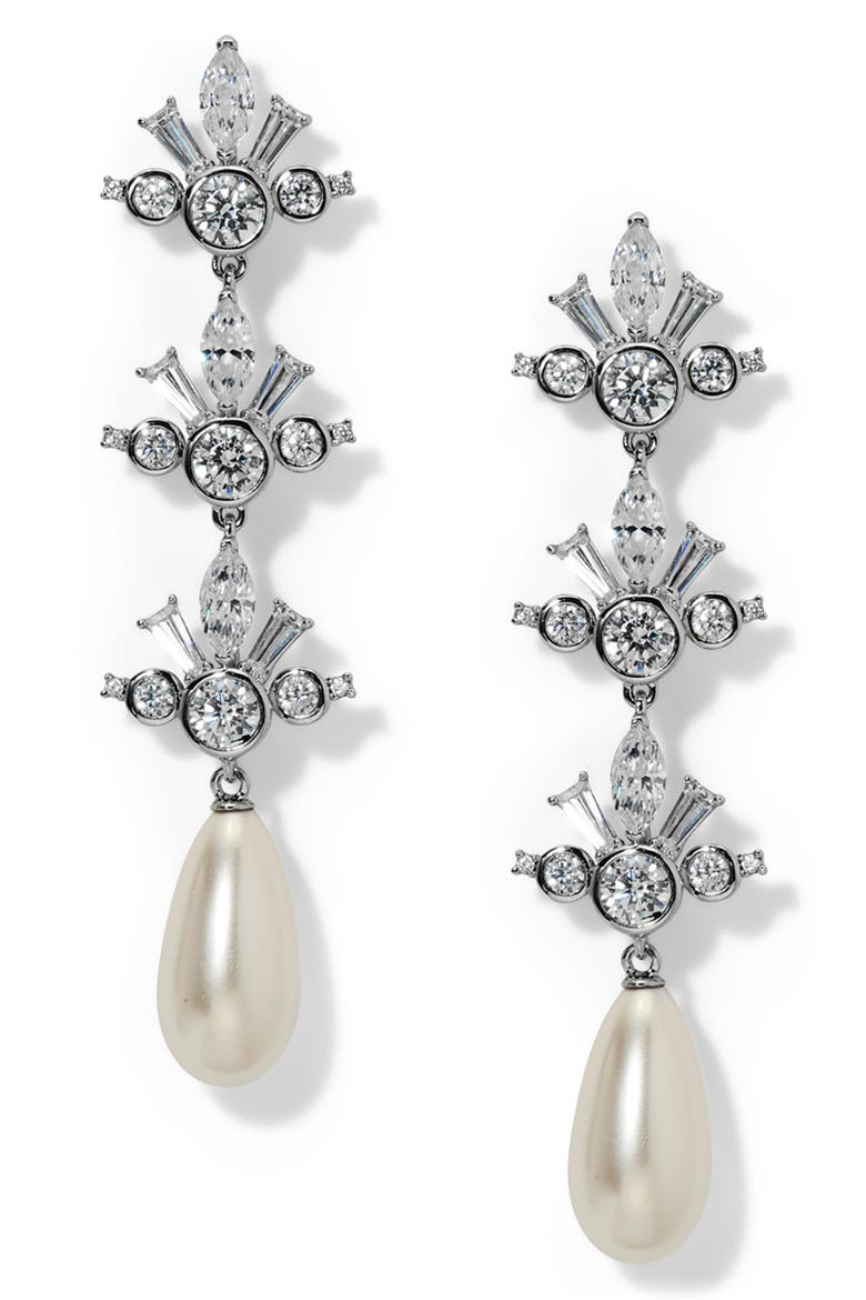 Imitation Pearl Triple Drop Earrings, Main, color, RHODIUM