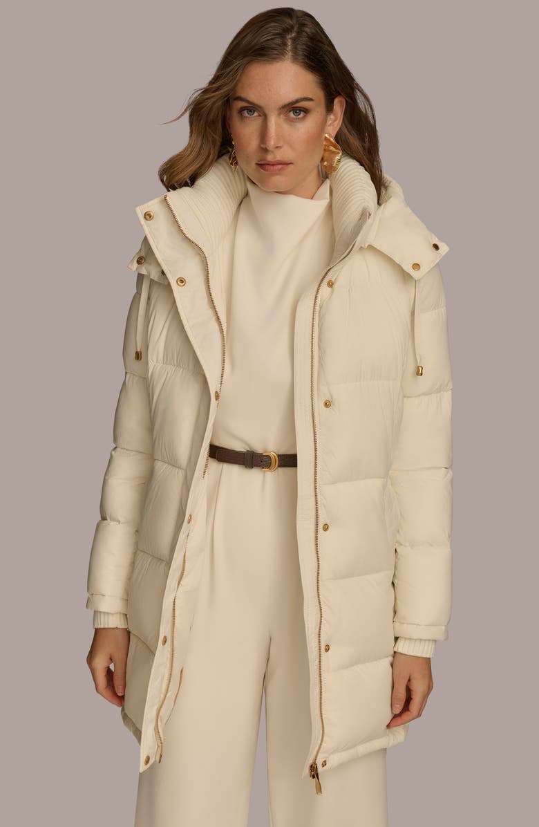 Donna Karan New York Hooded Ribbed Trim Puffer Jacket, Alternate, color, Cream