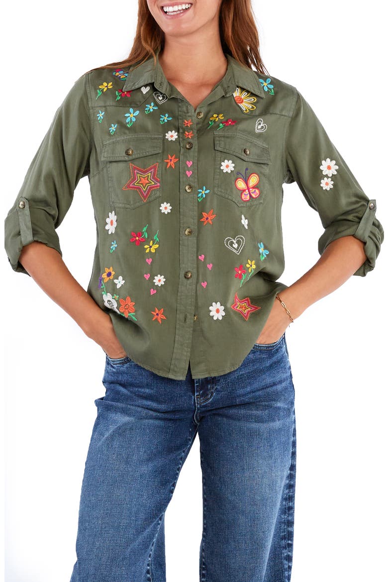 Sketchbook Embroidered Button-Up Shirt, Main, color, SOFT OLIVE