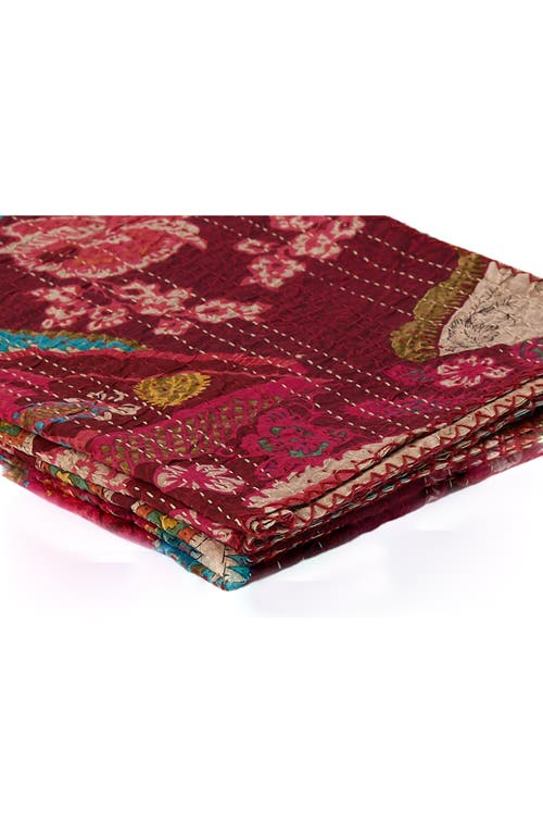 Taj Hotel Vintage Cotton Kantha Throw Blanket In Multi Red Floral
