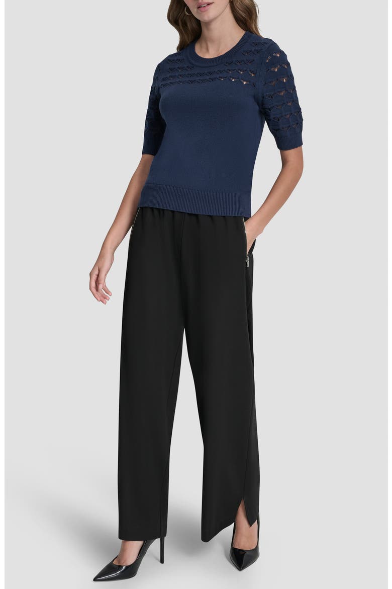 Pointelle Yoke Sweater, Alternate, color, HUDSON BLUE
