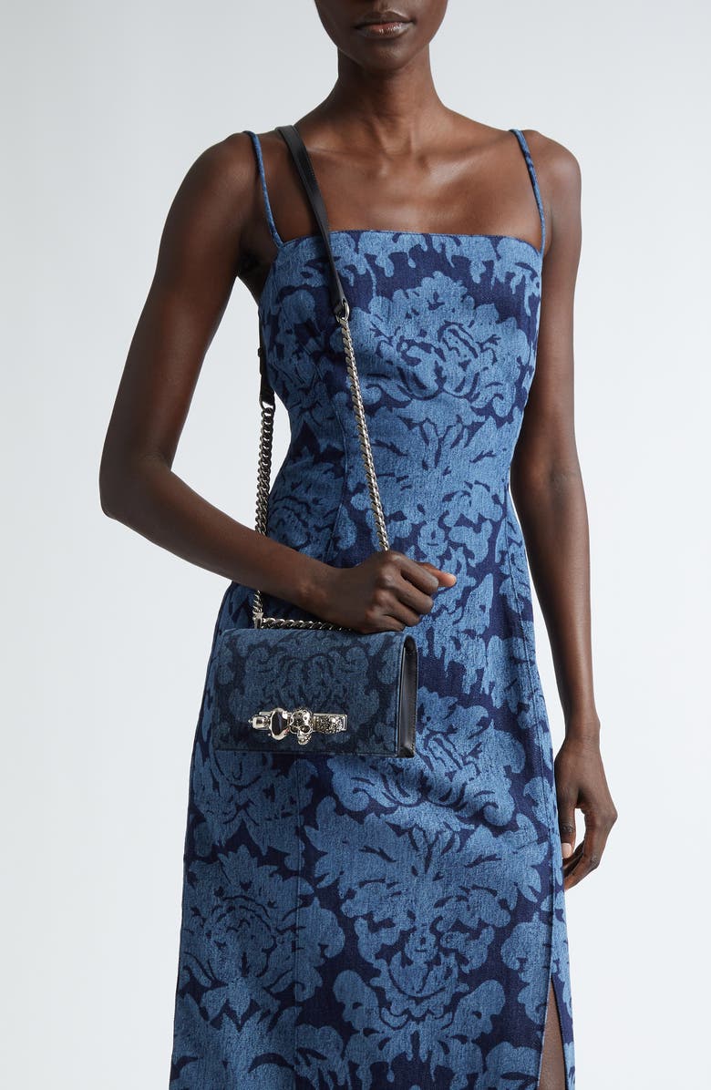 McQueen Jeweled Denim Shoulder Bag, Alternate, color,