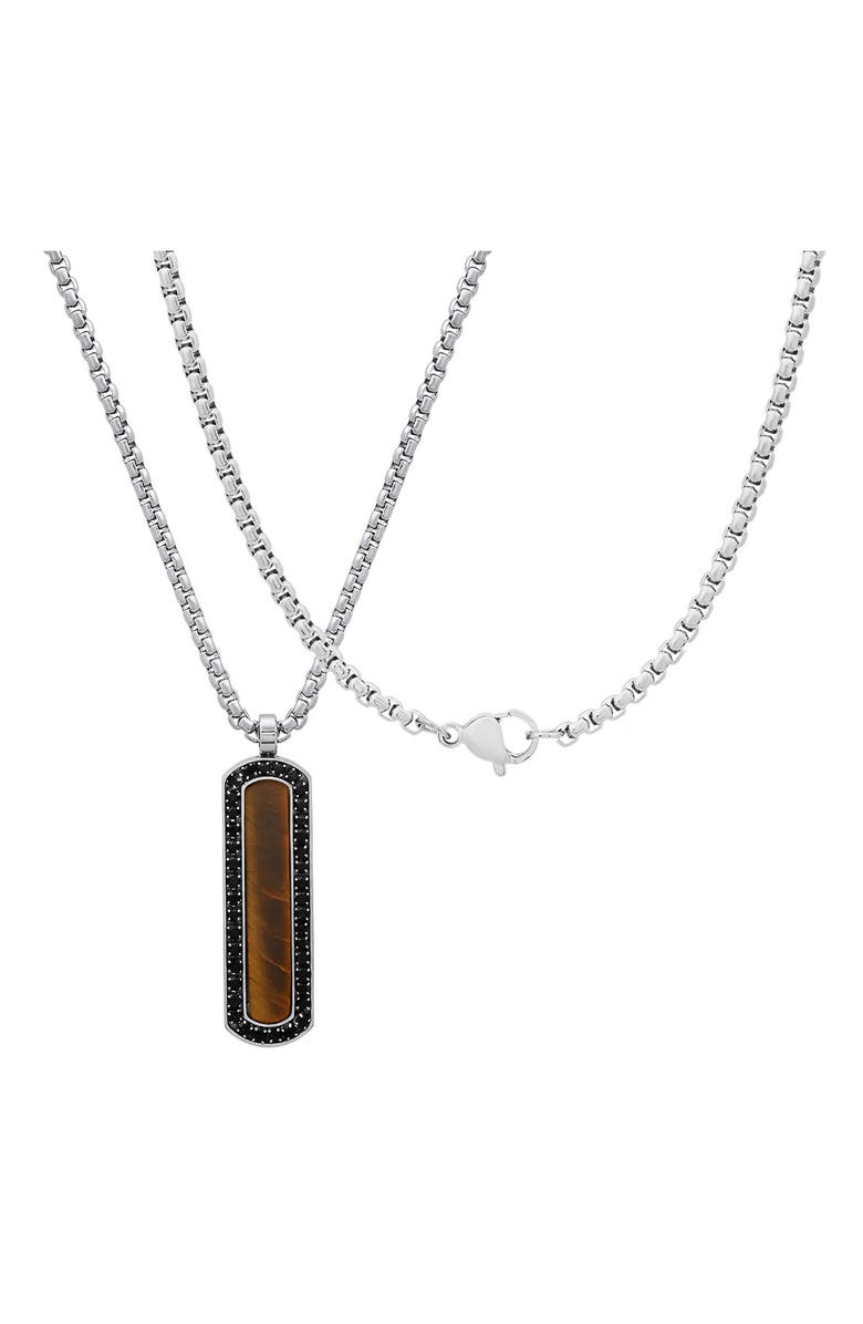 HMY JEWELRY Men's Stainless Steel Tiger's Eye & Crystal Dog Tag Pendant Necklace, Alternate, color, Brown/ Black/ Silver