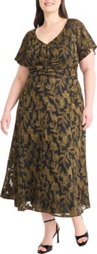 Maggy London Ruched Flutter Sleeve Midi Dress