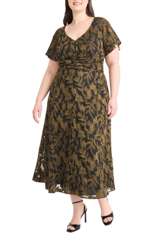 Maggy London Ruched Flutter Sleeve Midi Dress