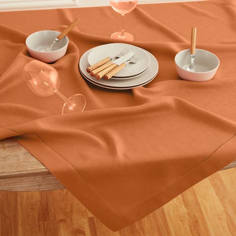 Linen Table Throw - Classic Hemstitch, 52" x 52" Inch, 52" x 52" Inch