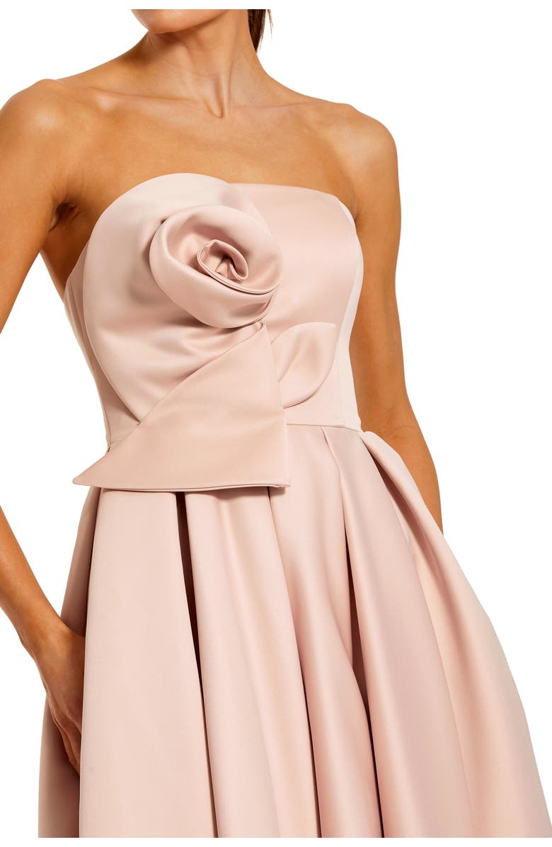 Mac Duggal Women's Strapless Satin A Line Midi Dress With 3D Flower, Alternate, color, Rose Pink