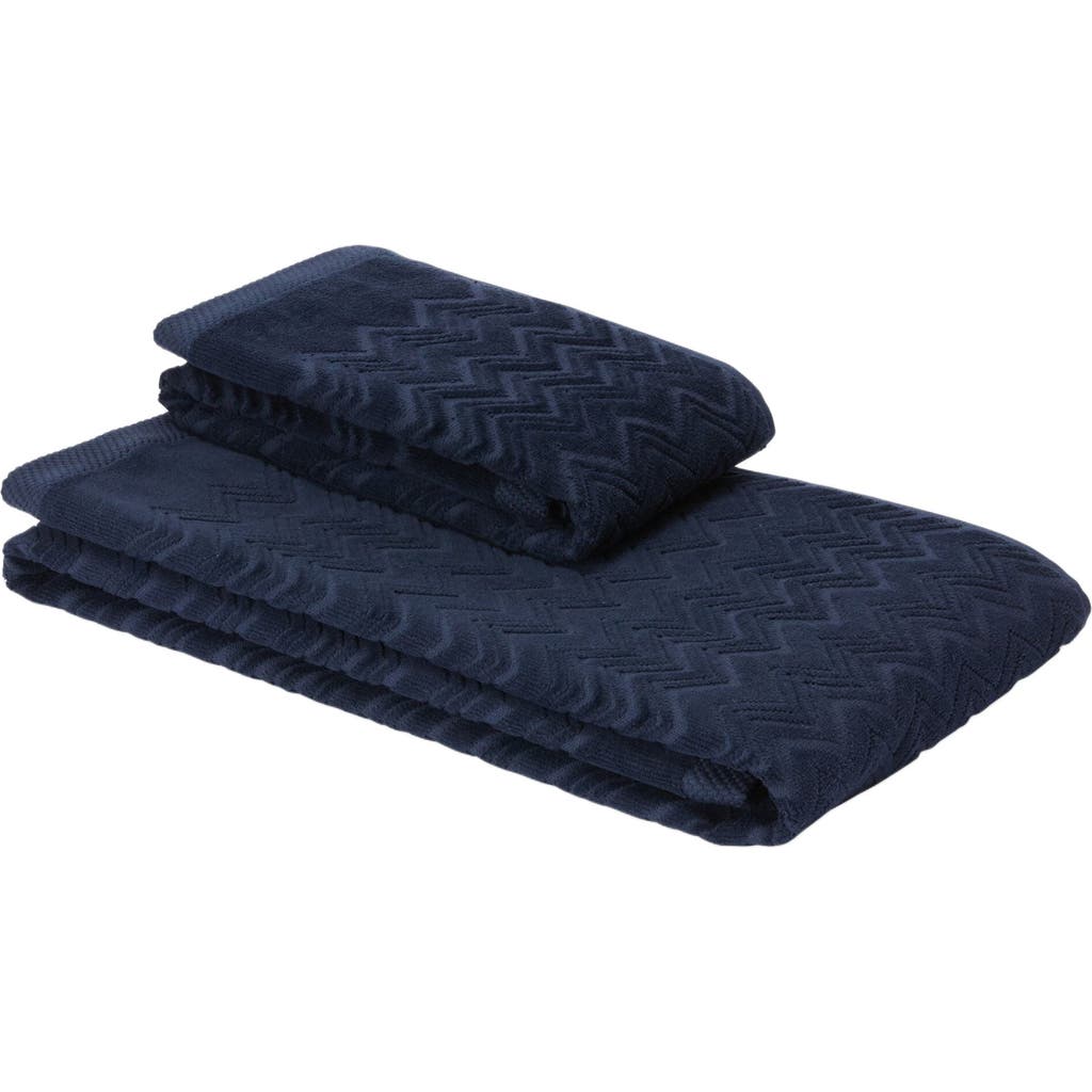 Missoni Home Chalk 2-piece Bath Towel Set In Cotton Terry With Zigzag Pattern In Blue