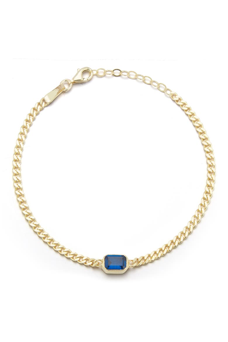 14K Gold Vermeil Curb Link CZ Solitaire Bracelet, Main, color, GOLD/ BLUE