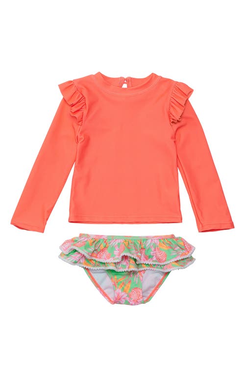 Snapper Rock Kids' Coastal Shells Ruffle Long Sleeve Two-Piece Rashguard Swimsuit in Coral/Green  product