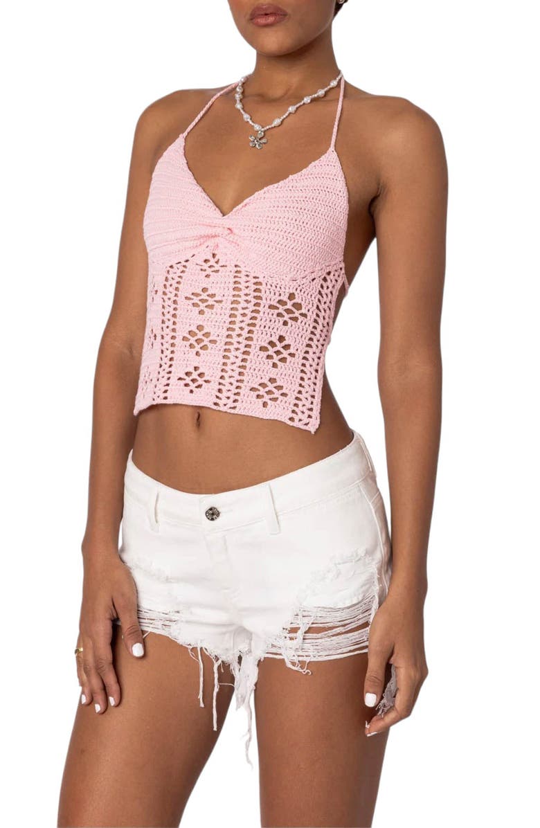 EDIKTED Jada Open Back Crochet Crop Top, Alternate, color,