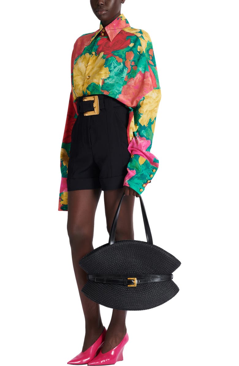 Balmain Shuffle Medium bag in calfskin leather and raffia, Alternate, color, Black