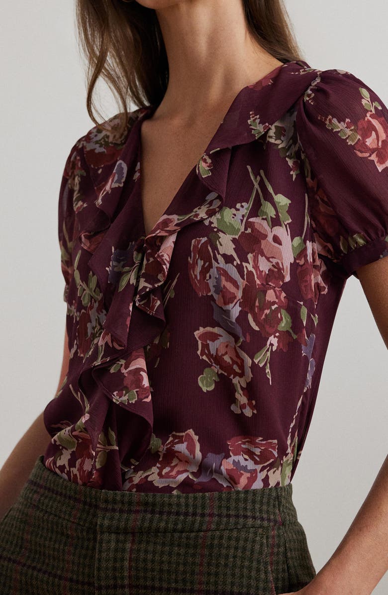 Lauren Ralph Lauren Ruffle Short Sleeve Georgette Top, Alternate, color, Red Multi