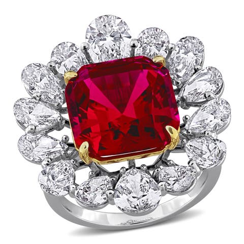Lab-Created Ruby & Diamond Flower Halo Ring 18k