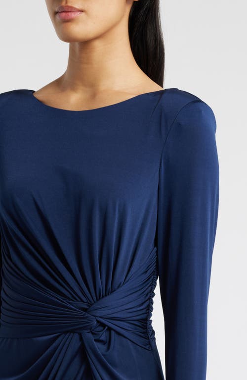 Vince Camuto Center Knot Beaded Cuff Long Sleeve Jersey Gown In Navy