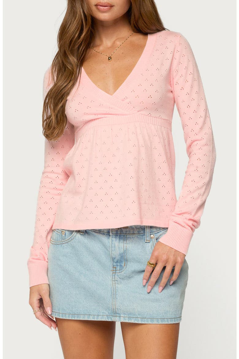Basha Pointelle Knit V-Neck Sweater, Main, color, LIGHT-PINK