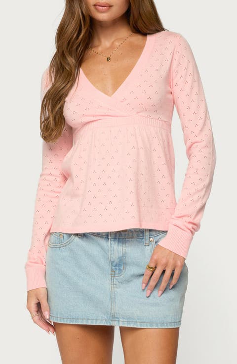 Basha Pointelle Knit V-Neck Sweater