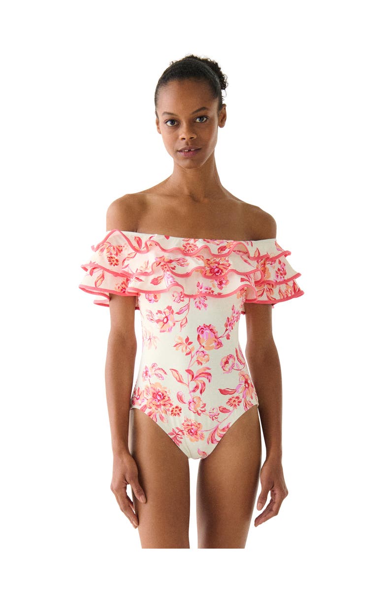 Kate Spade New York Floral Toile Ruffle Off the Shoulder One Piece Swimsuit, Main, color, Light Cantaloupe