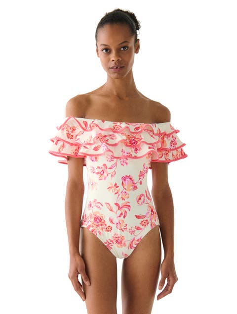 Floral Toile Ruffle Off the Shoulder One Piece Swimsuit