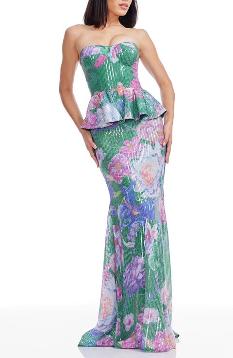 Scarlett Sequin Floral Embroidered Peplum Mermaid Gown